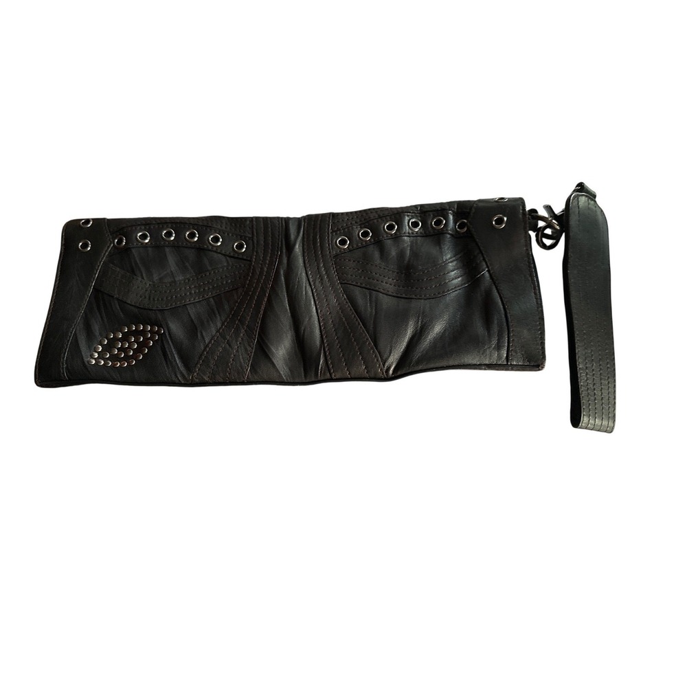 Black Leather Grommet Studded Clutch Bag Moto Wristlet Leopard Print Lining